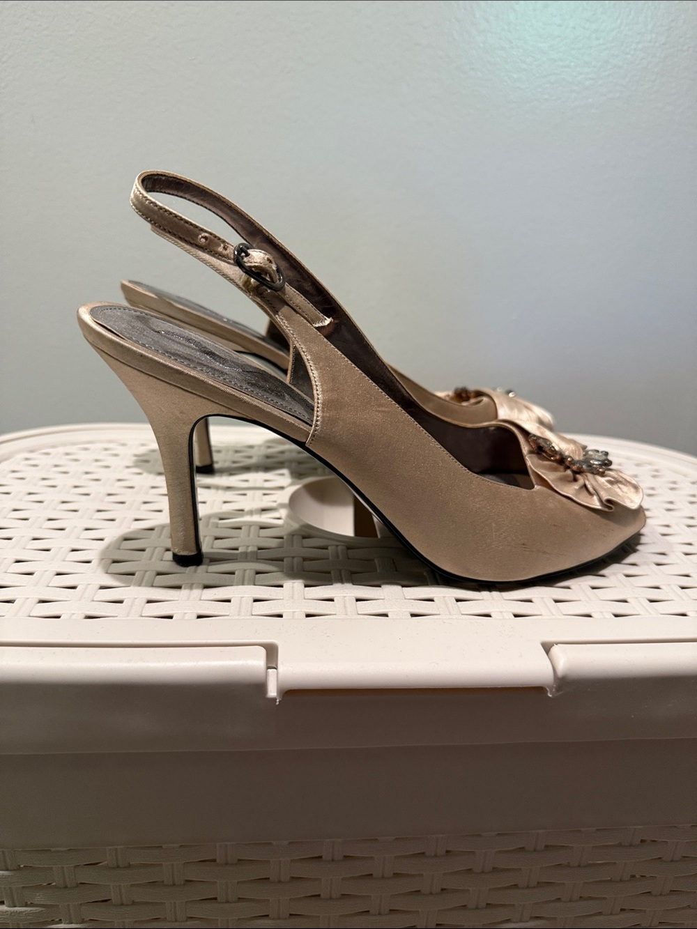 Nina Champagne Satin Slingback Heels with Crystal Accent - Picture 3 of 5